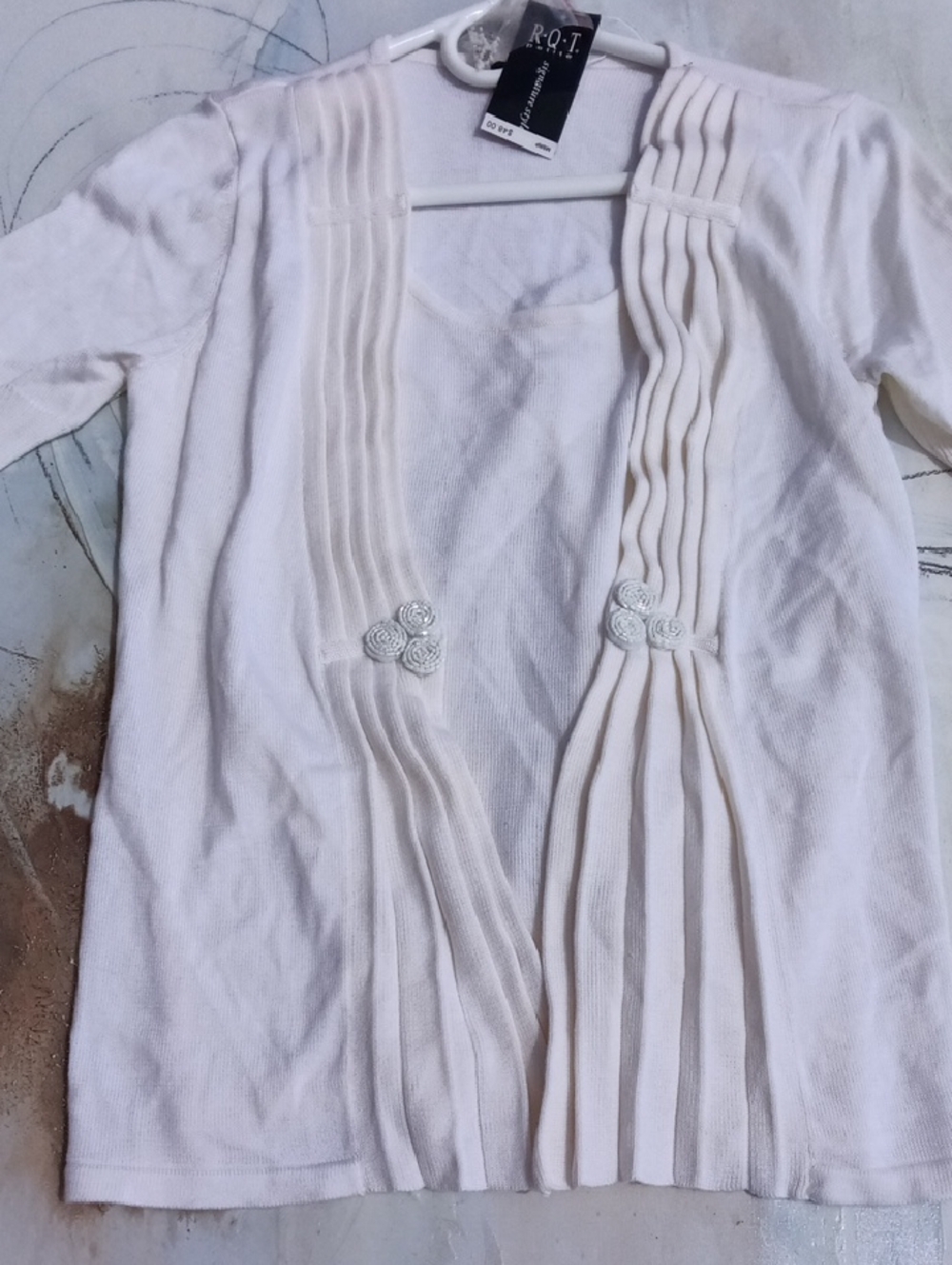 R.O.T. Women's Cream Open-Front Pleated Top.